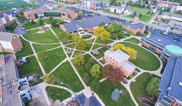 overhead photo of a college campus